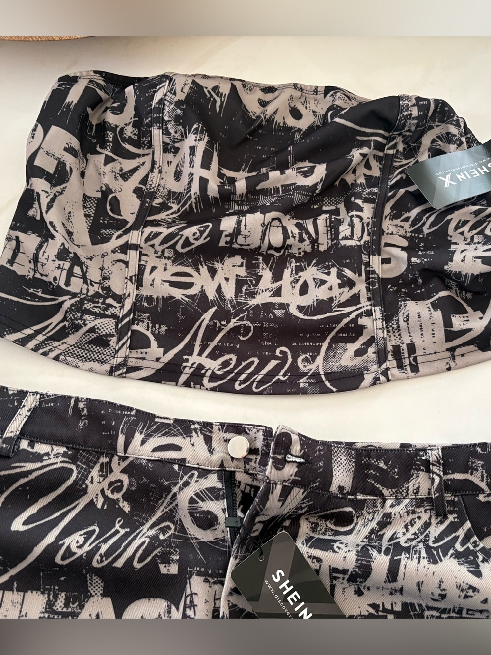 SHEIN Black & Cream Graffiti Print top and skirt